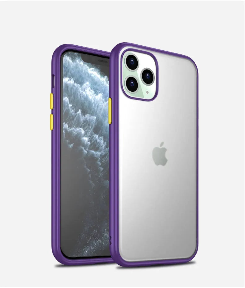 Frosted hard shell protective phone case for iPhone 11 models in black, green, purple, and red.