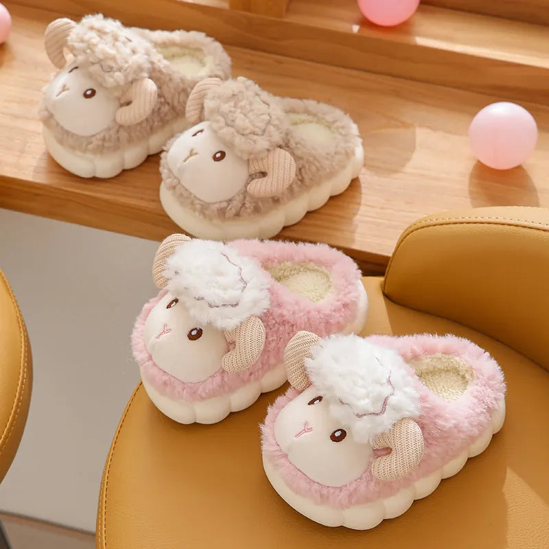 Children's cotton slippers with plush upper in pink, beige, and khaki, PVC sole, indoor use