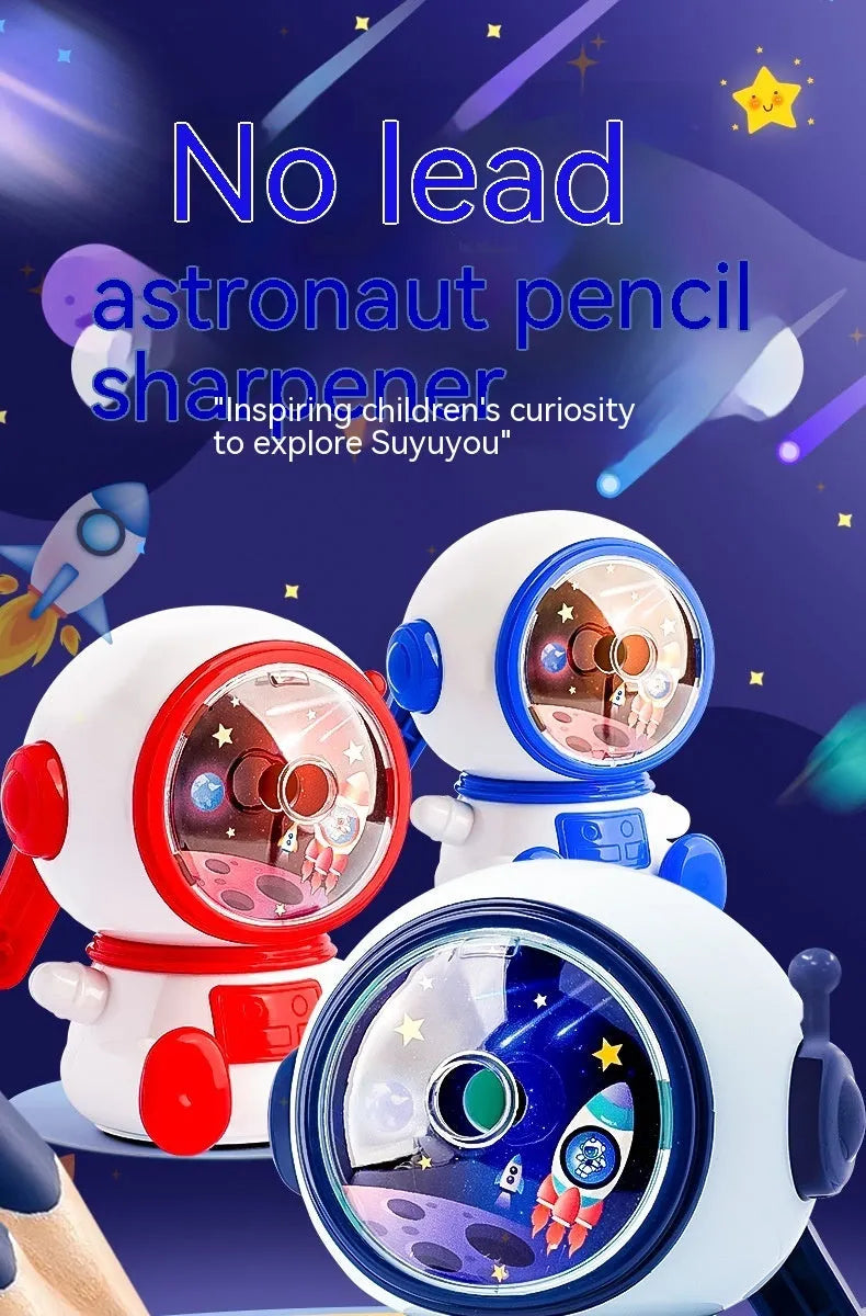 Astronaut-themed manual pencil sharpener with anti-jam mechanism for 2mm leads in blue or pink colour