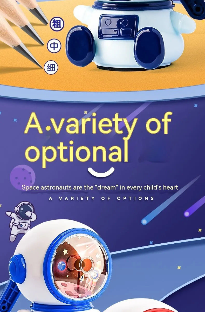 Astronaut-themed manual pencil sharpener with anti-jam mechanism for 2mm leads in blue or pink colour