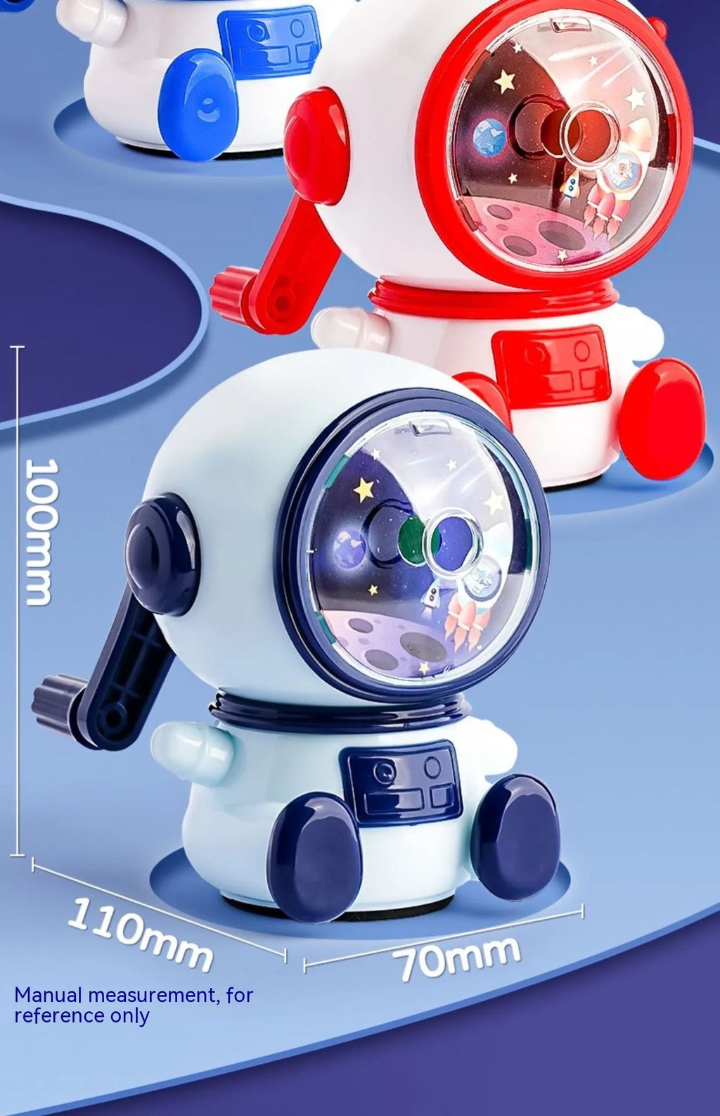 Astronaut-themed manual pencil sharpener with anti-jam mechanism for 2mm leads in blue or pink colour