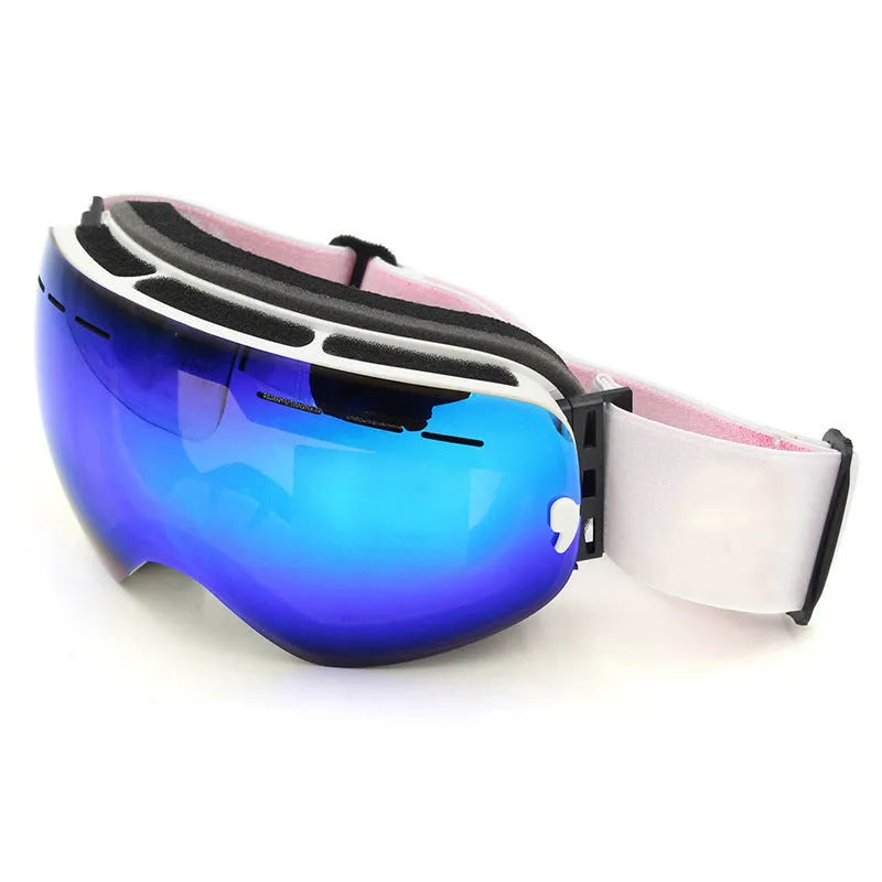 Double layer anti fog skiing mirror with TPU frame and PC lens, available in black, blue, and red.