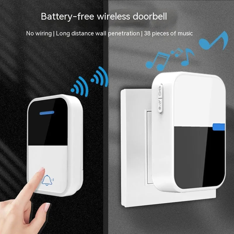 Modern white wireless doorbell kit with plug-in receiver and self-powered push button on a wooden door frame.