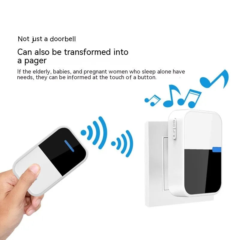 Modern white wireless doorbell kit with plug-in receiver and self-powered push button on a wooden door frame.