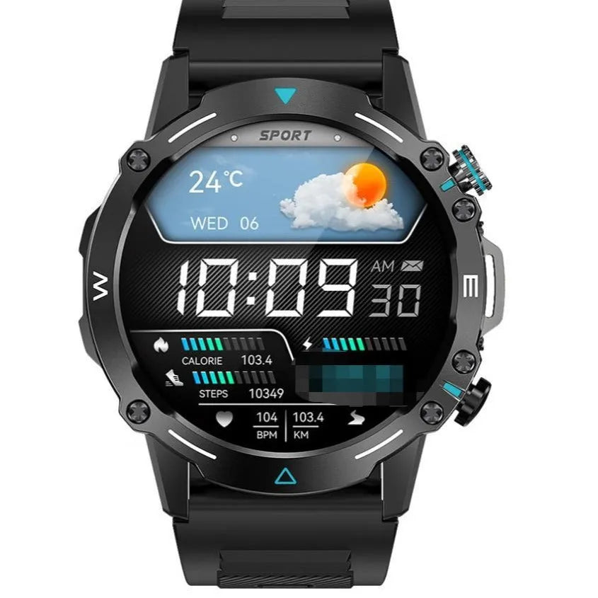M42 smartwatch in black on wrist, showing AMOLED screen with fitness stats.