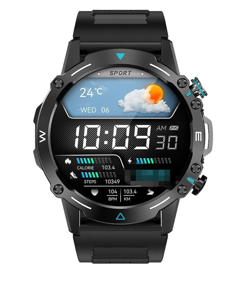 M42 smartwatch in black on wrist, showing AMOLED screen with fitness stats.