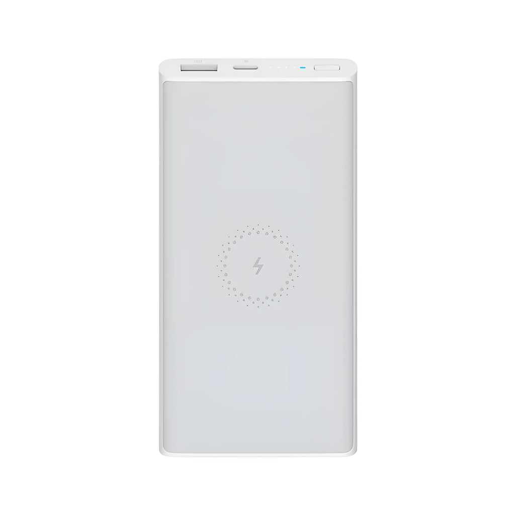 Black and white 10000mAh power bank with fast charging and wireless output features.