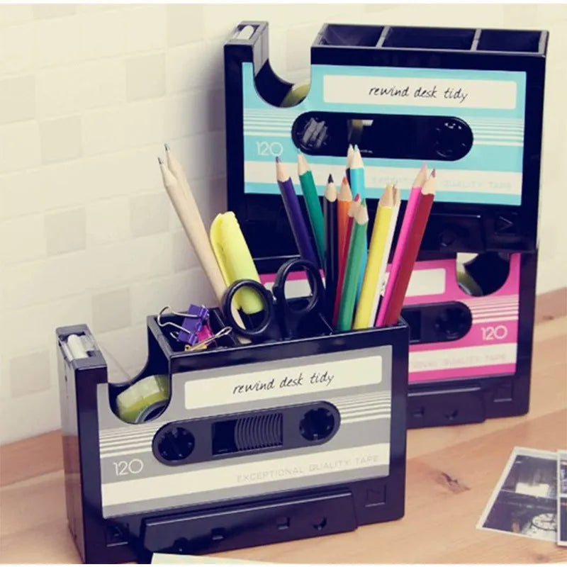 Creative multifunctional pen holder storage box in blue, 1L capacity, plastic, on desk with stationery