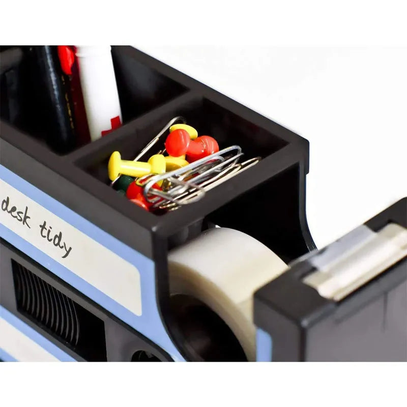 Creative multifunctional pen holder storage box in blue, 1L capacity, plastic, on desk with stationery