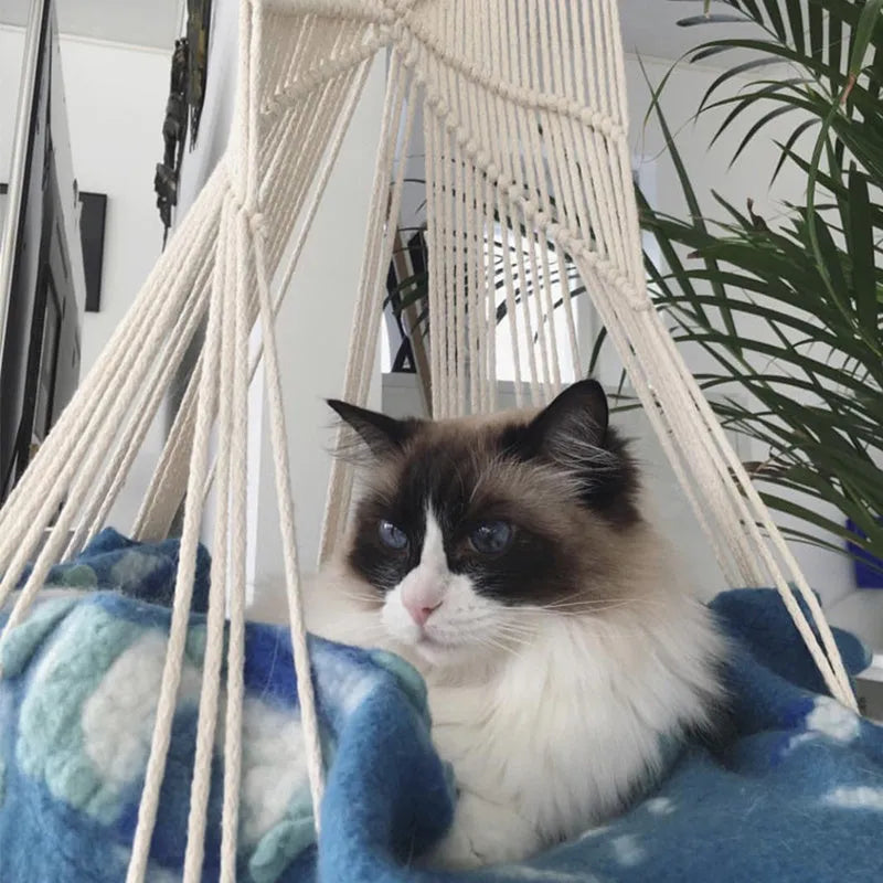 Handmade macrame pet swing cage rectangular plain pattern cotton rope hanging bed for cats