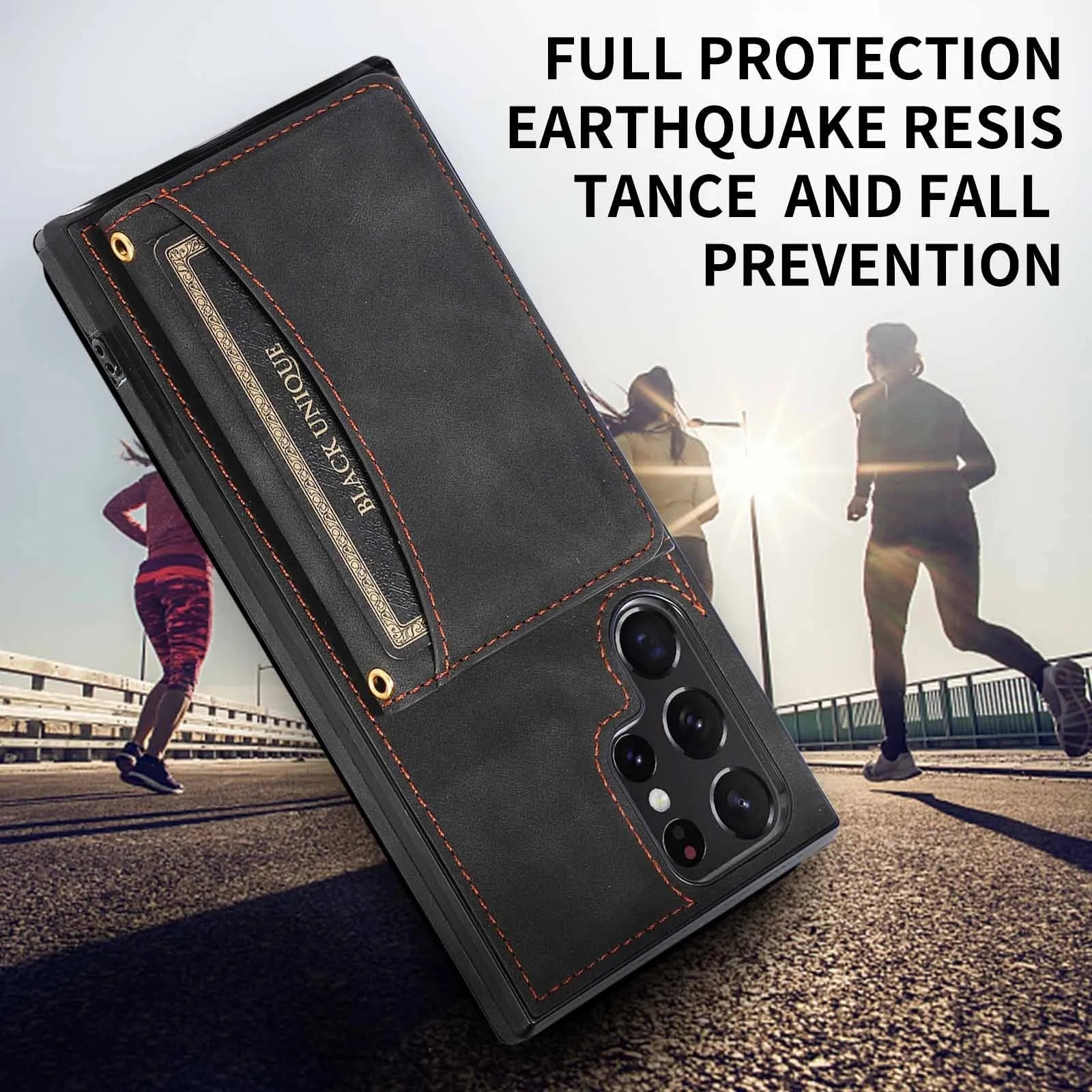 Three-fold wallet phone case with card slots for Samsung Galaxy in black