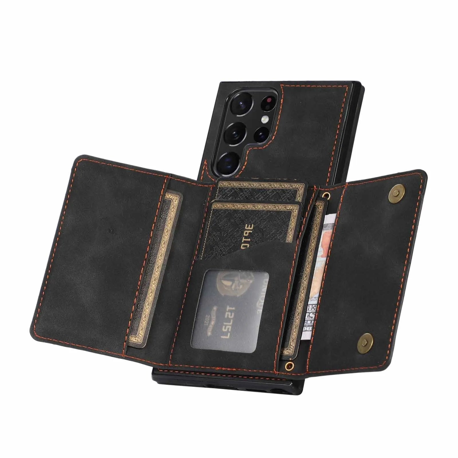 Three-fold wallet phone case with card slots for Samsung Galaxy in black