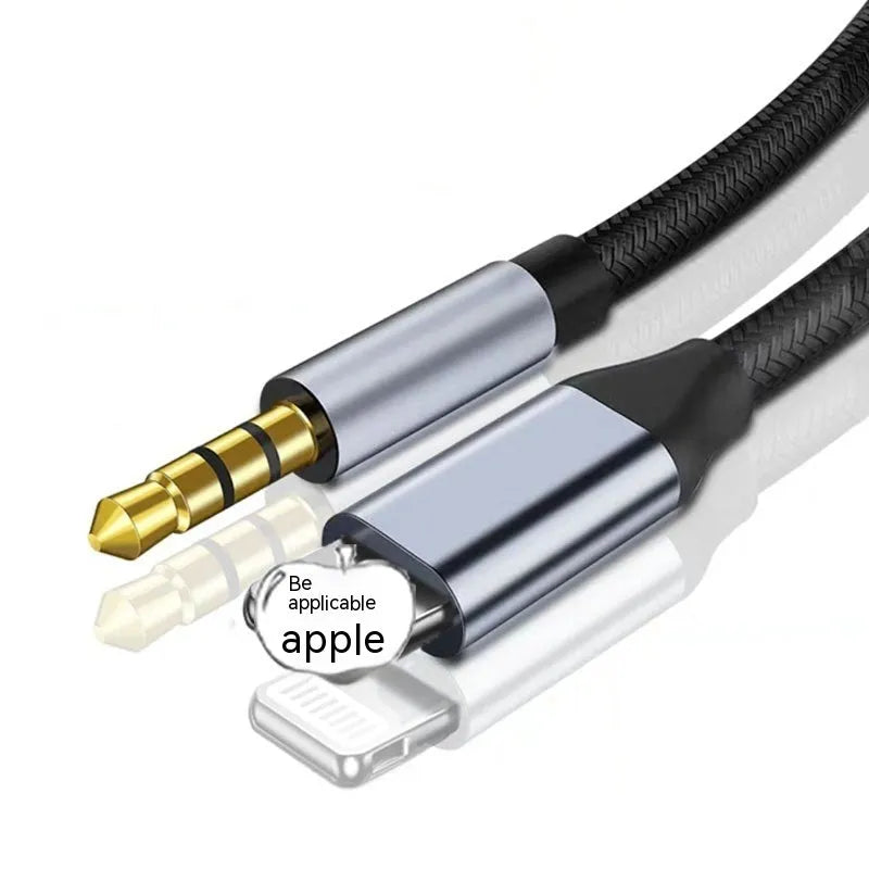 Black braided Lightning to 3.5mm male AUX audio adapter cable on white background
