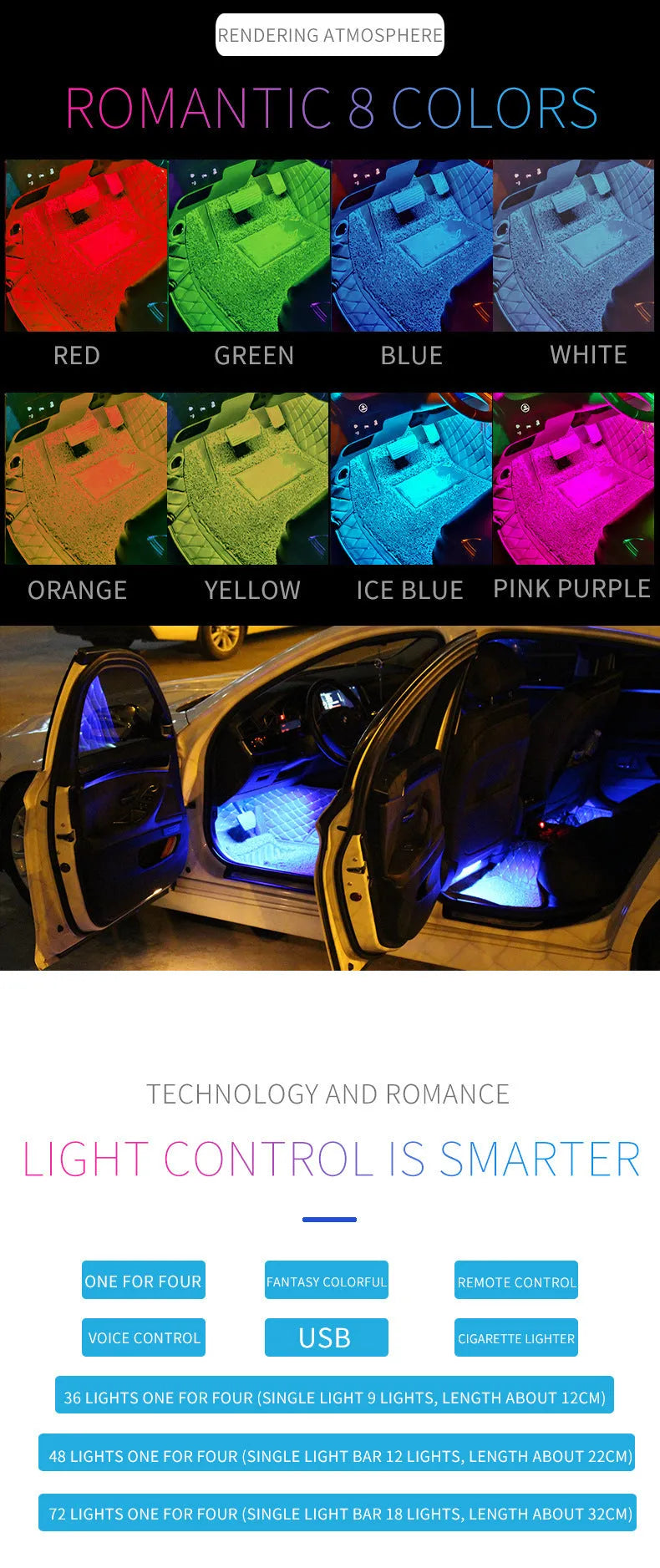 Car interior footwell LED atmosphere lighting kit with 36 lights and controller showing eight colour options