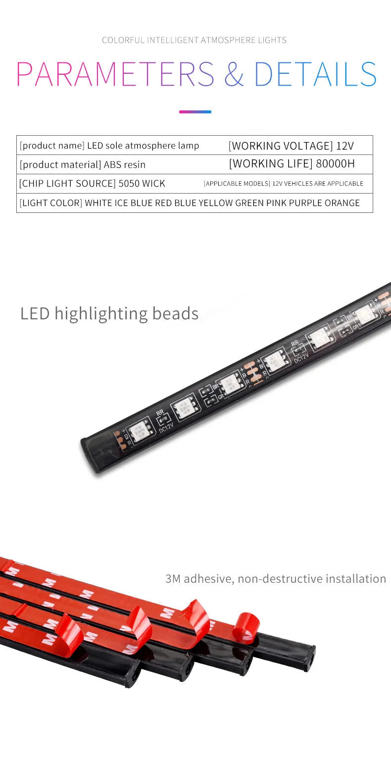 Car interior footwell LED atmosphere lighting kit with 36 lights and controller showing eight colour options
