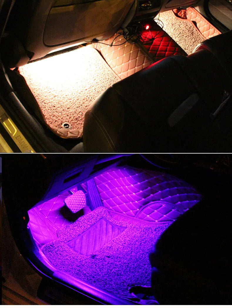 Car interior footwell LED atmosphere lighting kit with 36 lights and controller showing eight colour options
