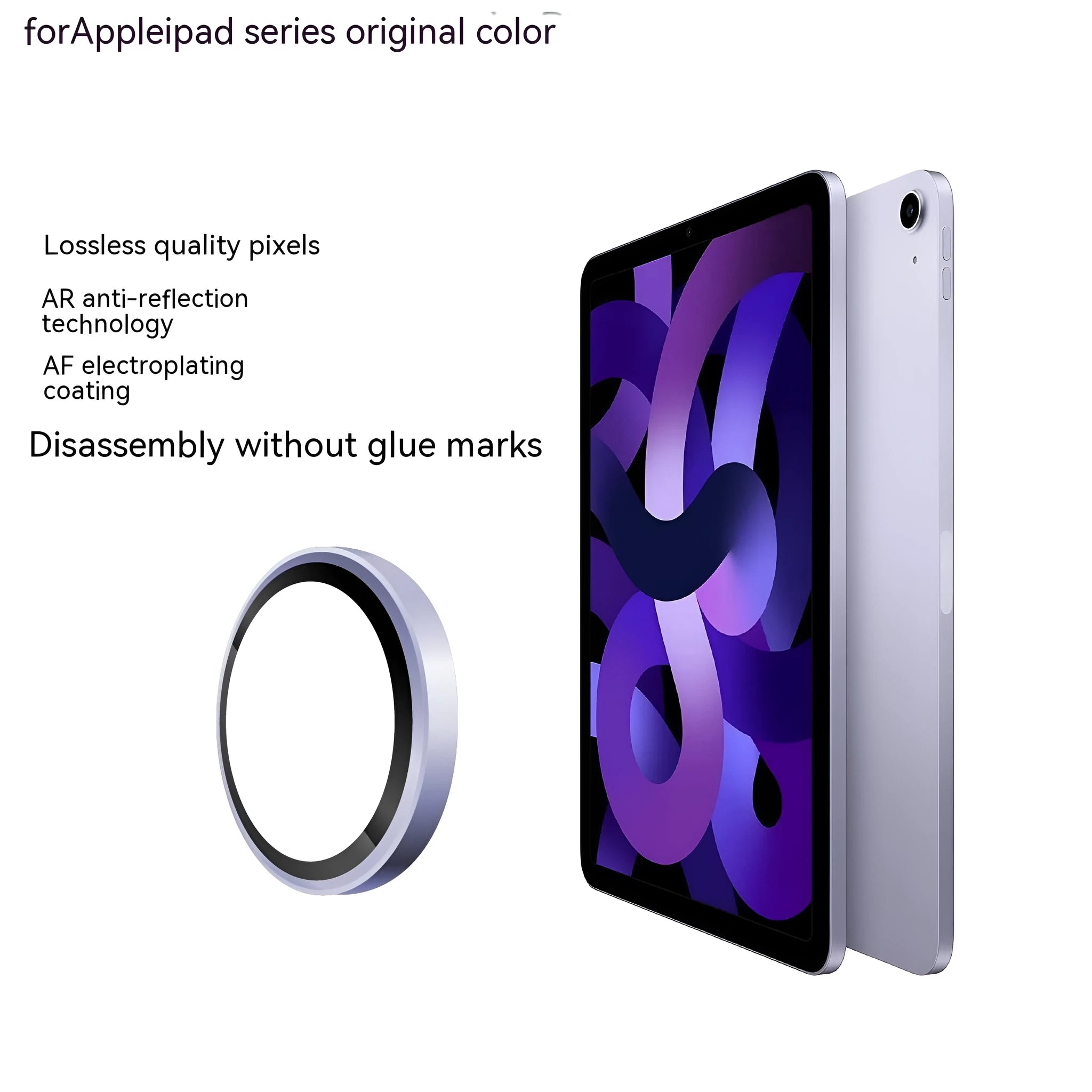 Tempered glass lens protective film for iPad with electroplated metal eagle eye ring in black finish
