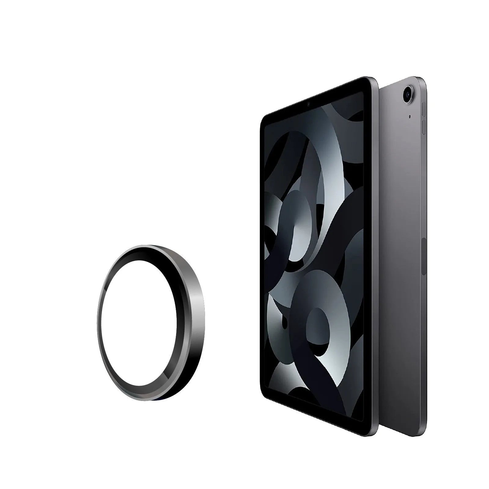 Tempered glass lens protective film for iPad with electroplated metal eagle eye ring in black finish