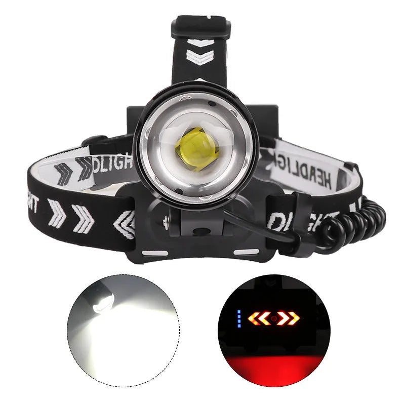 Black aluminium alloy USB charging telescopic zoom headlight showing zoom mechanism and press switch.