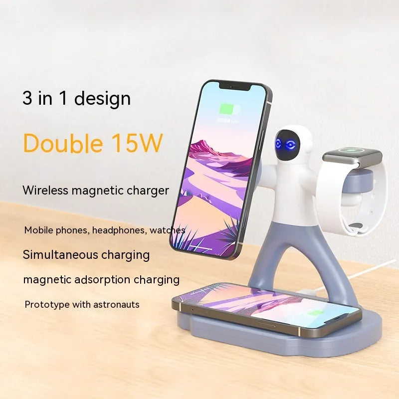 Magnetic wireless charger three-in-one 15W fast charge with Type-C, ABS, 183.5x160x110mm, black white
