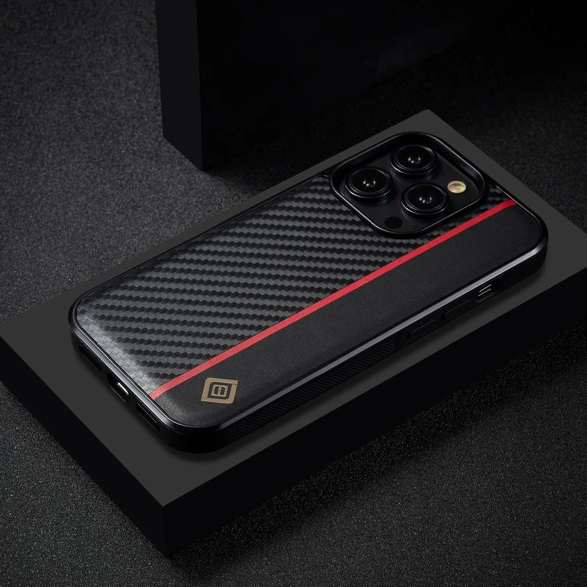 Simple carbon fiber phone shell black imitation leather with plaid pattern for iPhone