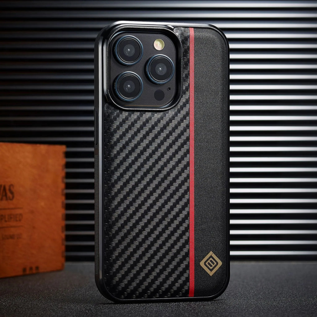 Simple carbon fiber phone shell black imitation leather with plaid pattern for iPhone