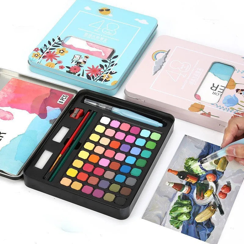 Box of 48 solid watercolour paints for sketching and gouache painting.