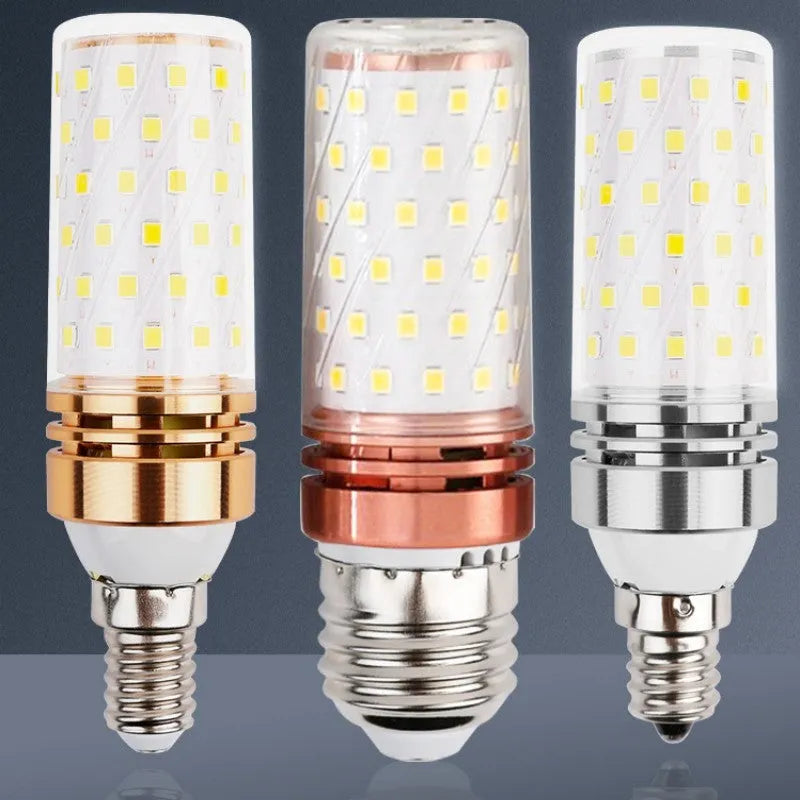 E14 screw base 12W LED corn light bulb with three colour temperature options shown.