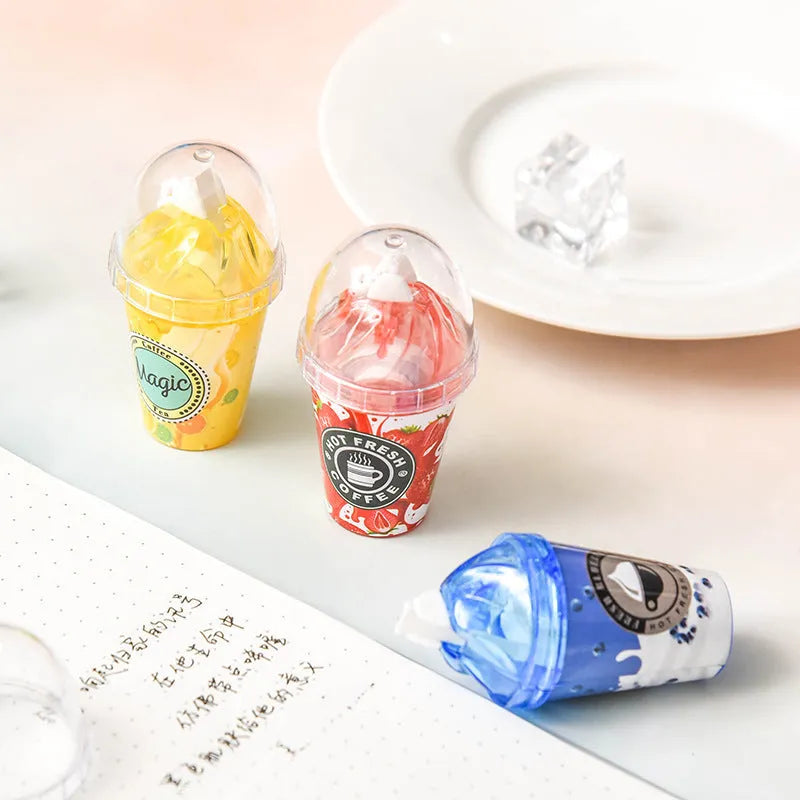 Ice cream shape correction tape with tea cup design, plastic dispenser, 2x7 cm, in blue colour
