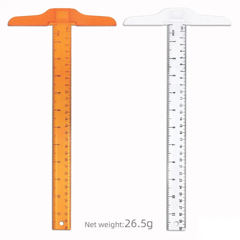 T-shaped plastic ruler 30cm length in transparent or orange yellow with measurement scales