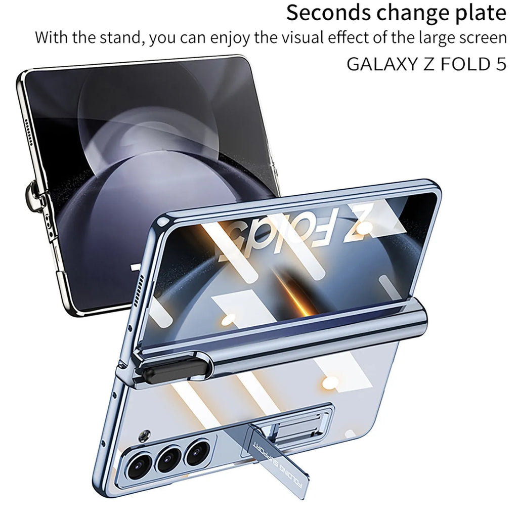 Electroplating transparent phantom magnetic pen holder phone case for Samsung Galaxy Z Fold5 in Holiday Blue hard PC shell