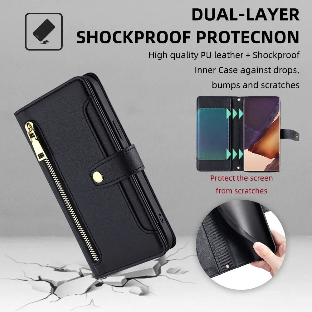 Black TPU leather flip phone case with card slot and magnetic closure for Samsung S24 Ultra