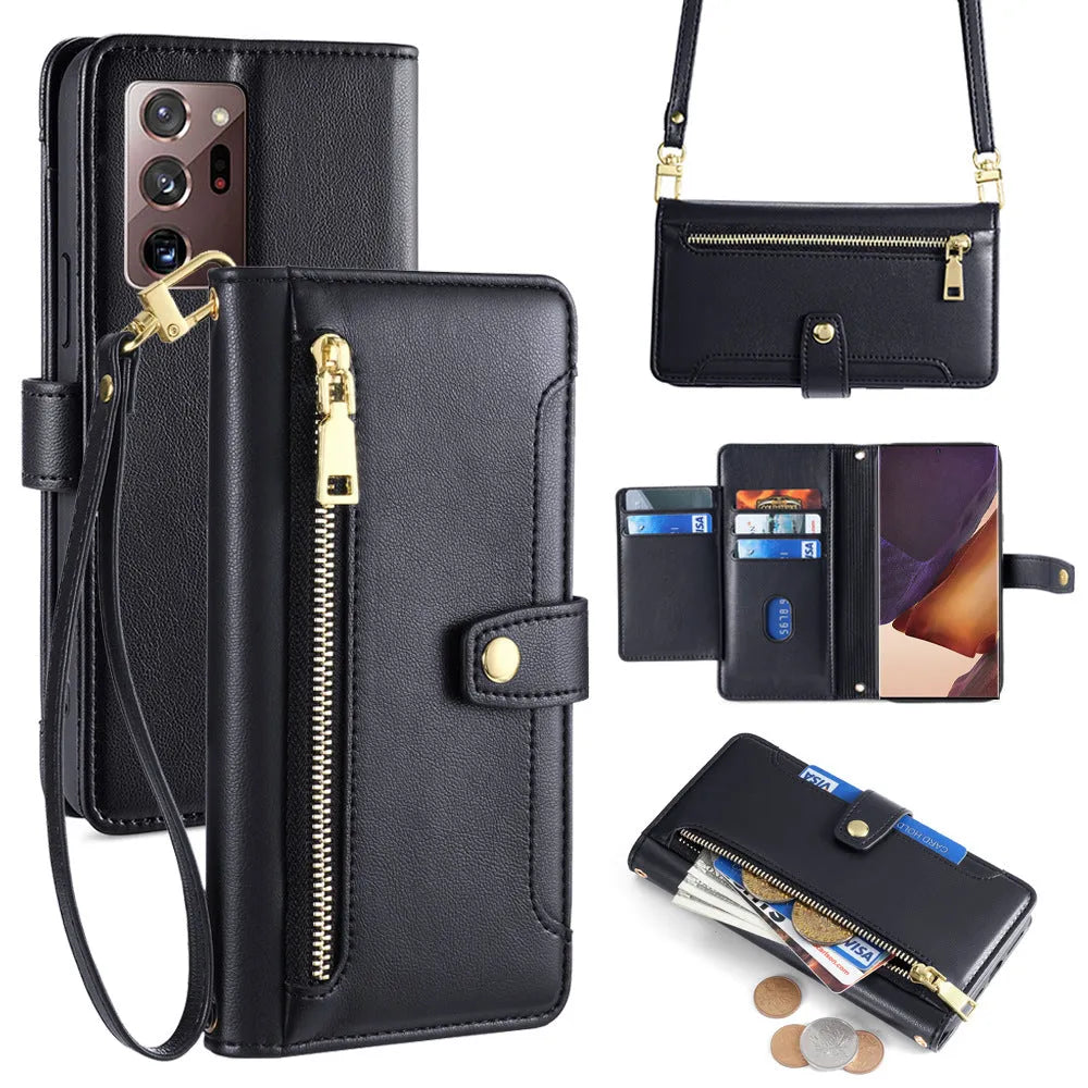 Black TPU leather flip phone case with card slot and magnetic closure for Samsung S24 Ultra
