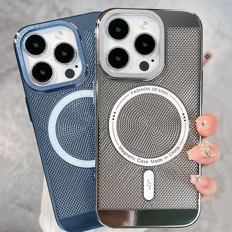 Electroplated magnetic phone case for iPhone in colours black, silver, blue, green, purple.