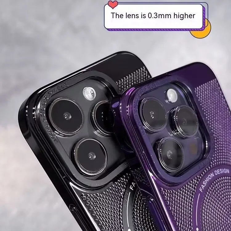 Electroplated magnetic phone case for iPhone in colours black, silver, blue, green, purple.