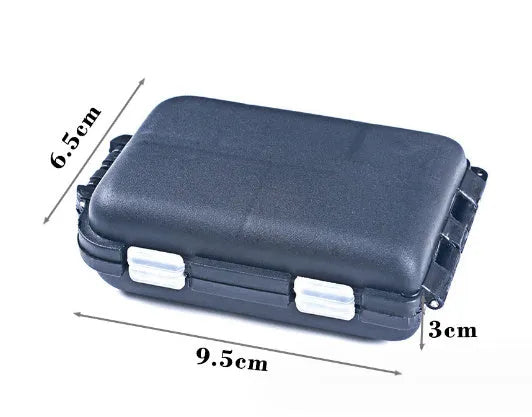 Small plastic fishing tackle storage box with 10 compartments showing black, blue and green colour options