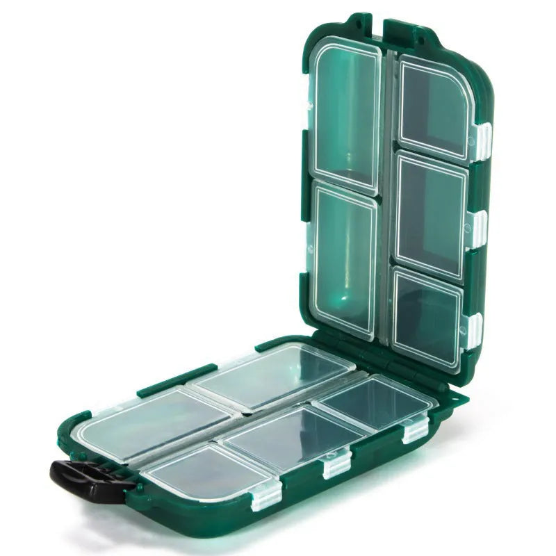 Small plastic fishing tackle storage box with 10 compartments showing black, blue and green colour options