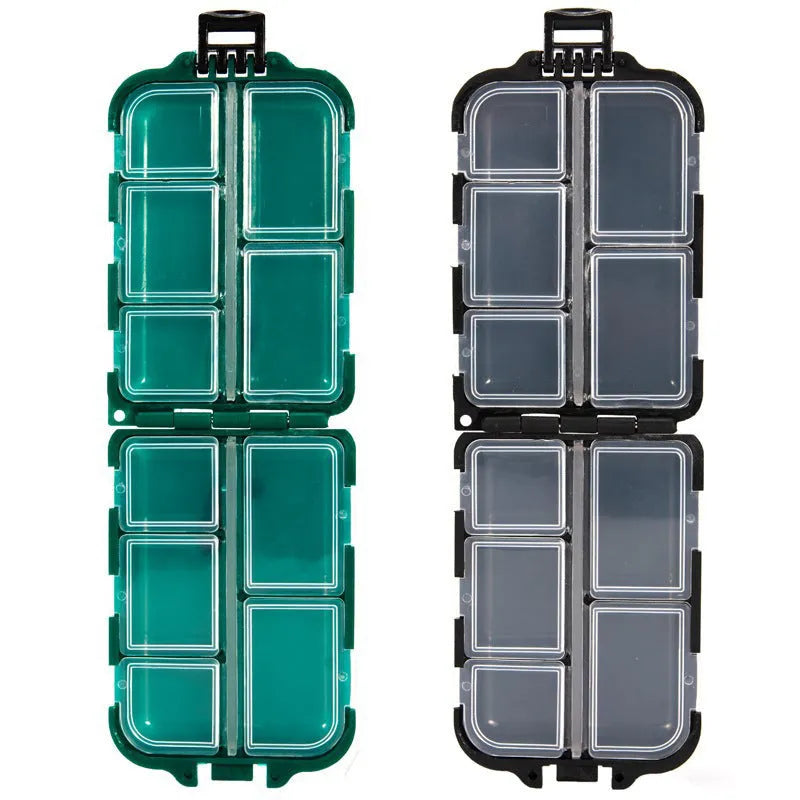 Small plastic fishing tackle storage box with 10 compartments showing black, blue and green colour options