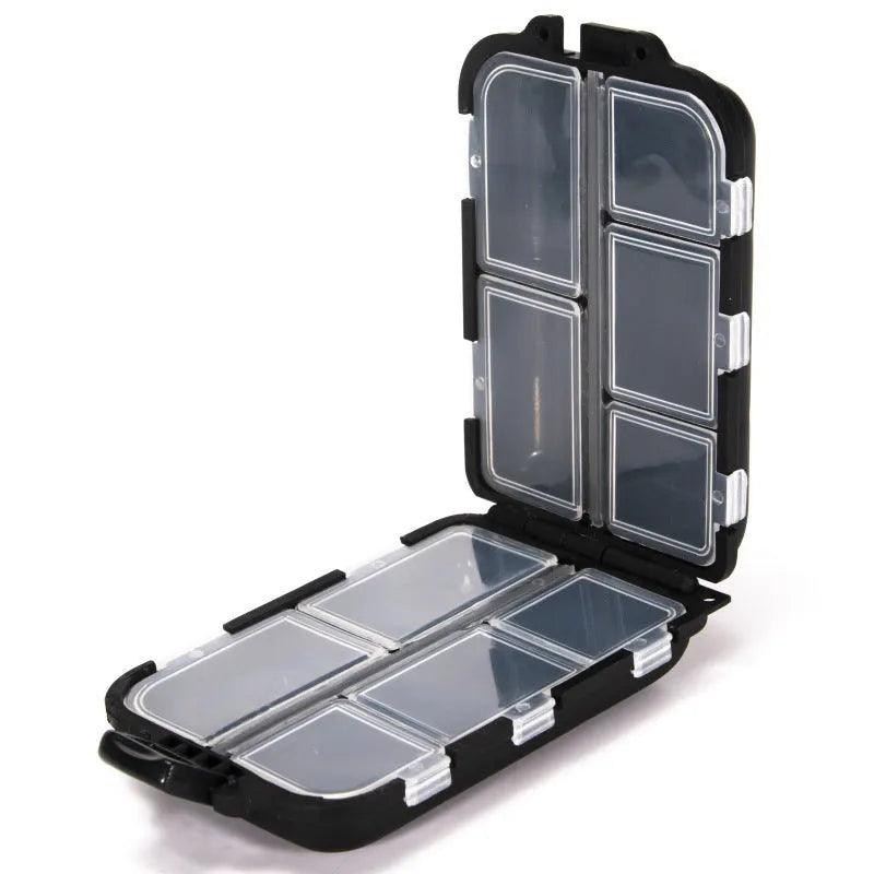 Small plastic fishing tackle storage box with 10 compartments showing black, blue and green colour options