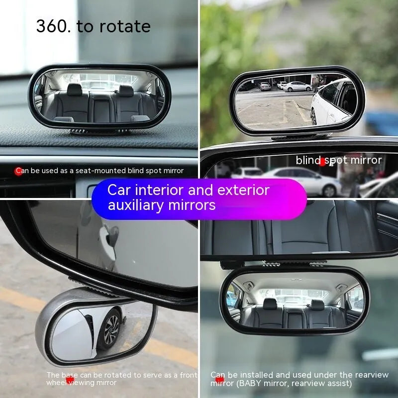 Black 360-degree rotation car rearview mirror showing adjustable mounting options