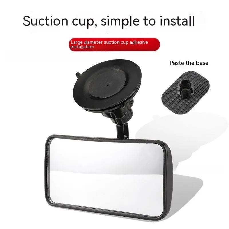 Black 360-degree rotation car rearview mirror showing adjustable mounting options