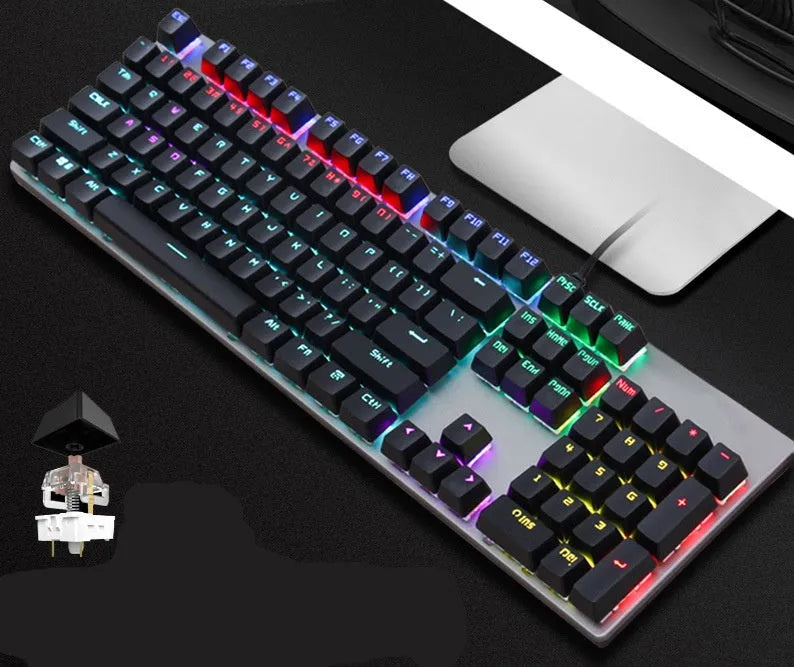 AOC GK410 wired mechanical keyboard with full 104-key layout and backlit keys on a metal frame.