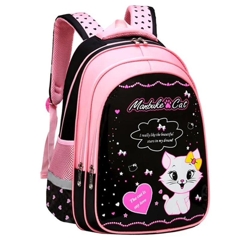 Kids school cute cat print nylon backpack with zipper opening and load-reducing design, available in large and small sizes