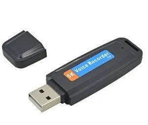 Black and white plastic USB flash drive with voice function showing dimensions and capacity options