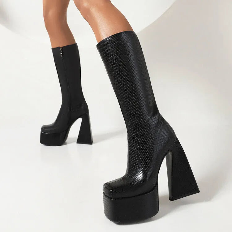 Women's black high boot made of artificial PU leather, shown from the side.