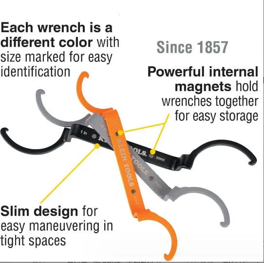 Crescent magnetic suction wrench catheter locking three-piece spanner set in orange, grey, and black.