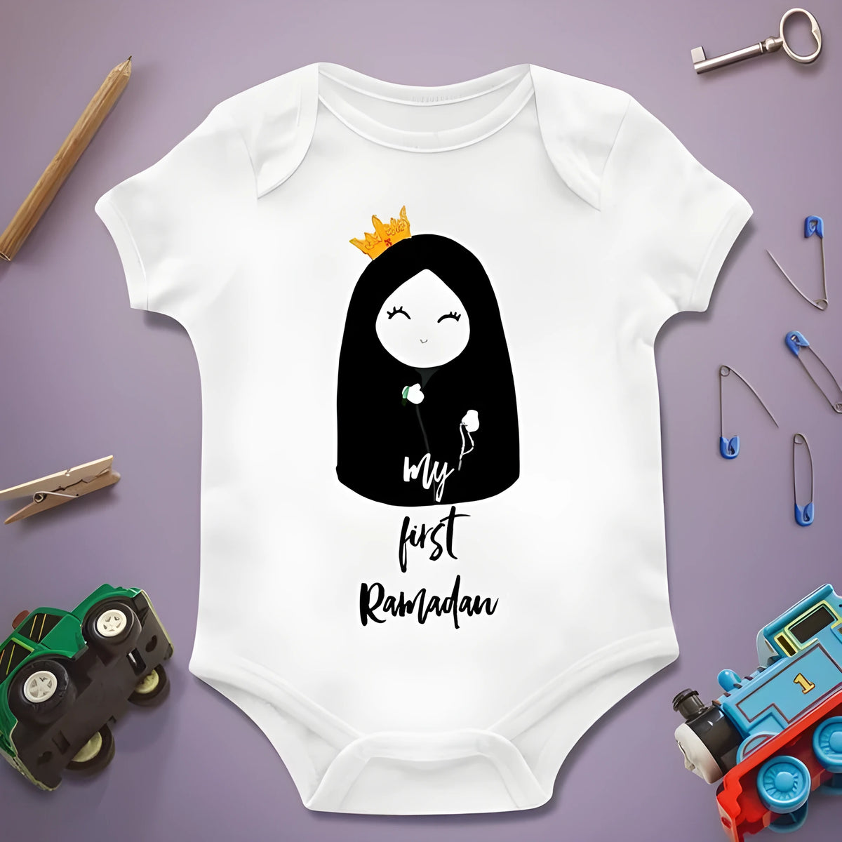Customised 100% cotton baby romper in blue for 0-3 months, with personalised text design