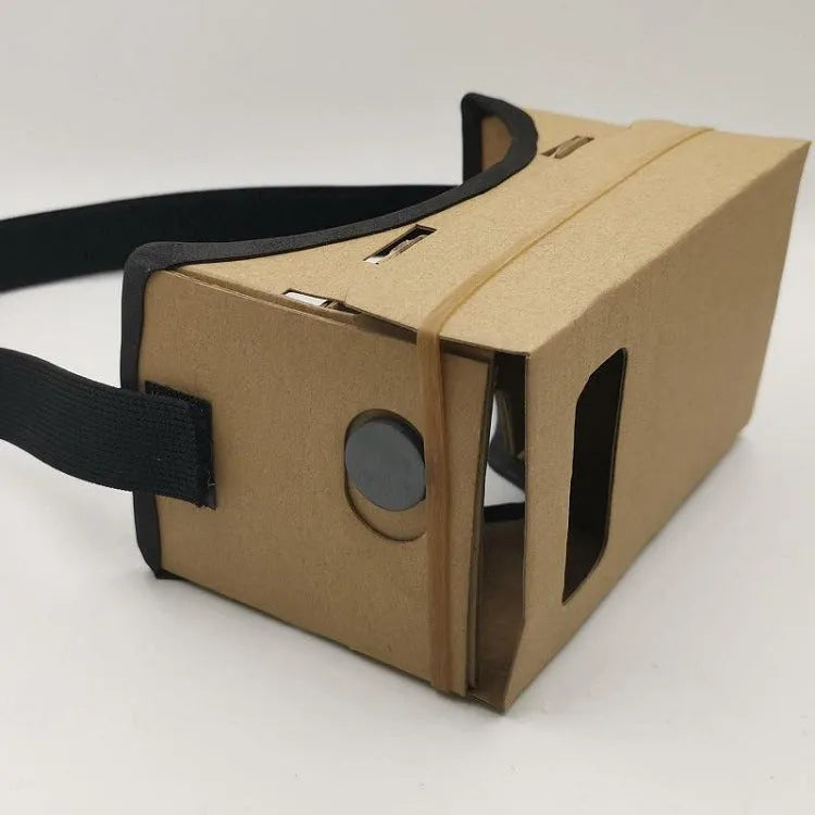 Pink and white flat-pack cardboard VR glasses viewer for smartphones with 3D lenses and straps.