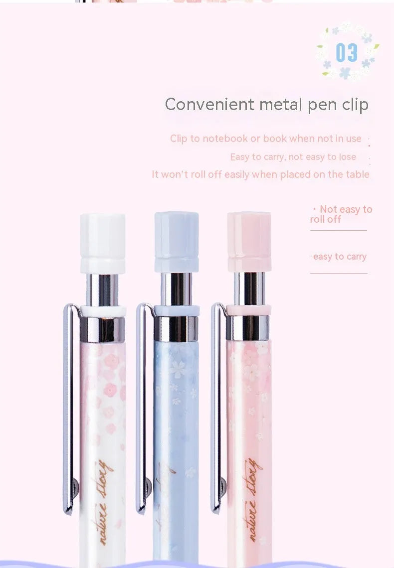 Simplified cartoon-style automatic pencil set with three pens and three boxes of HB lead refills.