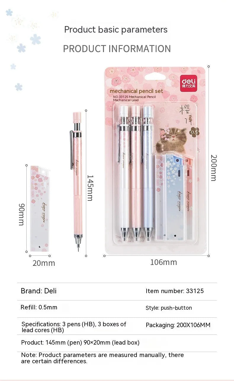 Simplified cartoon-style automatic pencil set with three pens and three boxes of HB lead refills.
